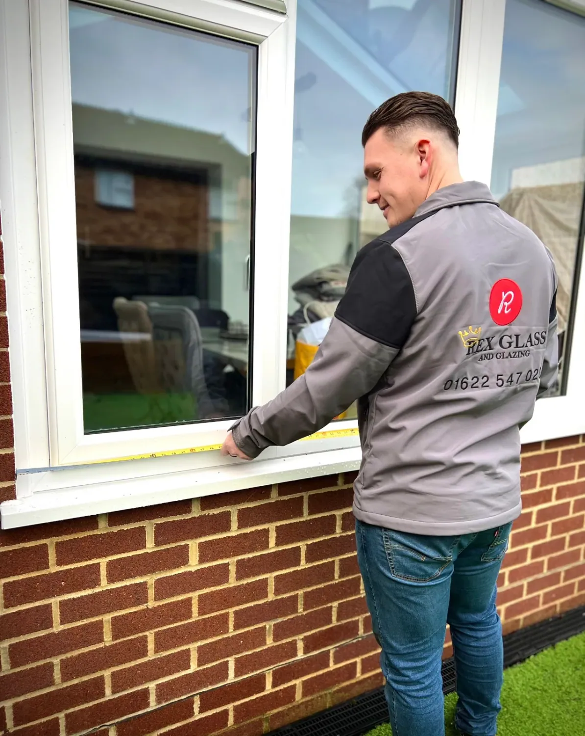 A Rex Glass and Glazing fitter measuring a window at a Kent home, branded jacket showing the logo and phone number
