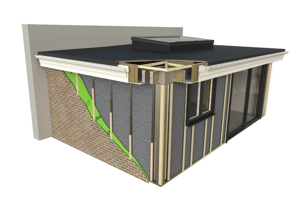 Cutaway 3D render of a modular extension showing the insulated panel walls, breather membrane, steel frame and flat roof build-up