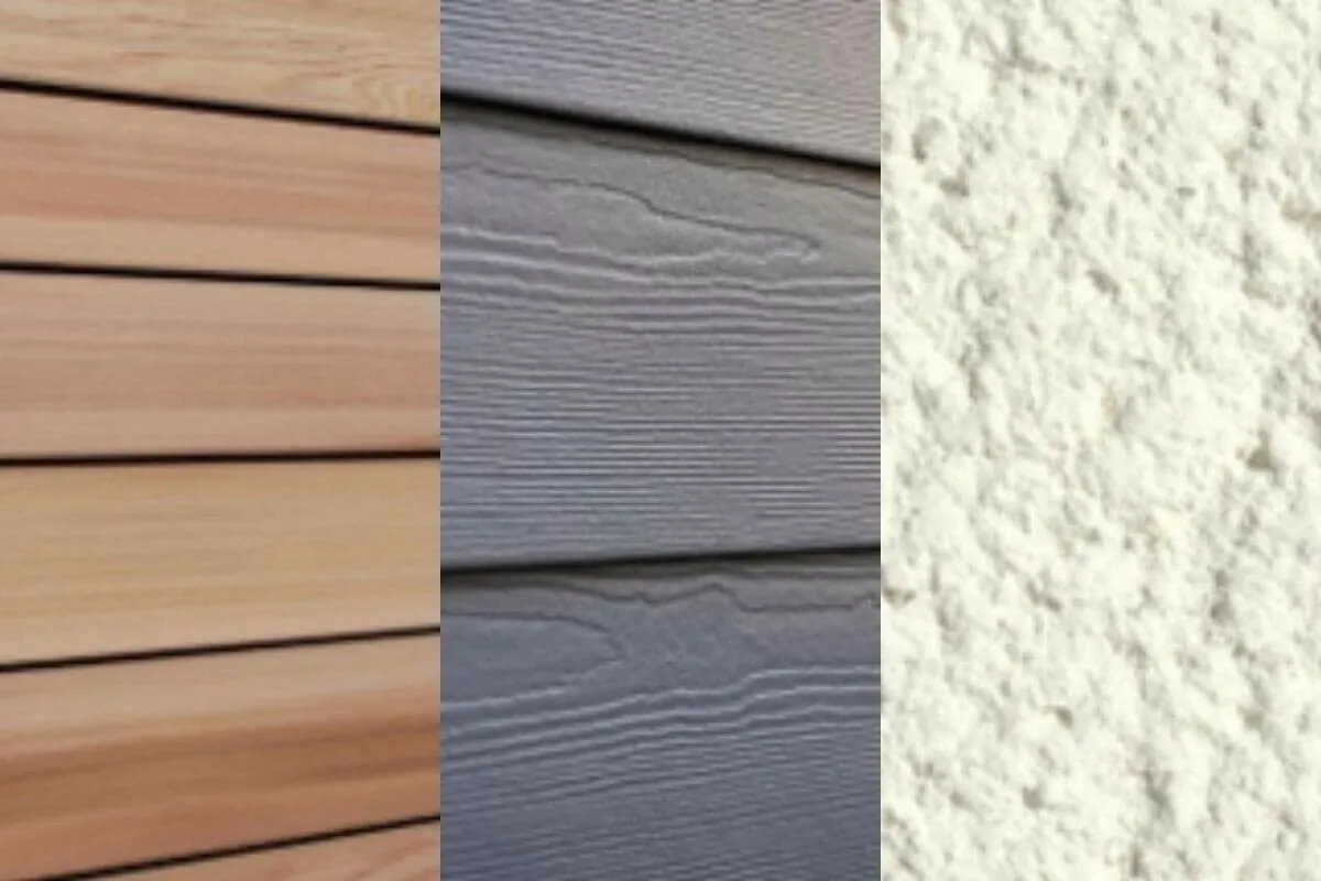 Cladding and render finish options in natural timber, grey and cream