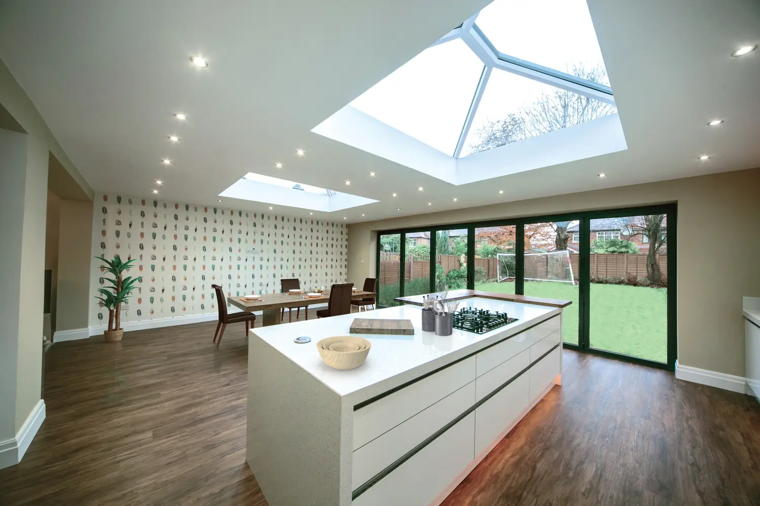 A dark-framed glazed door run across a kitchen and dining room, beneath a roof lantern, opening onto the garden